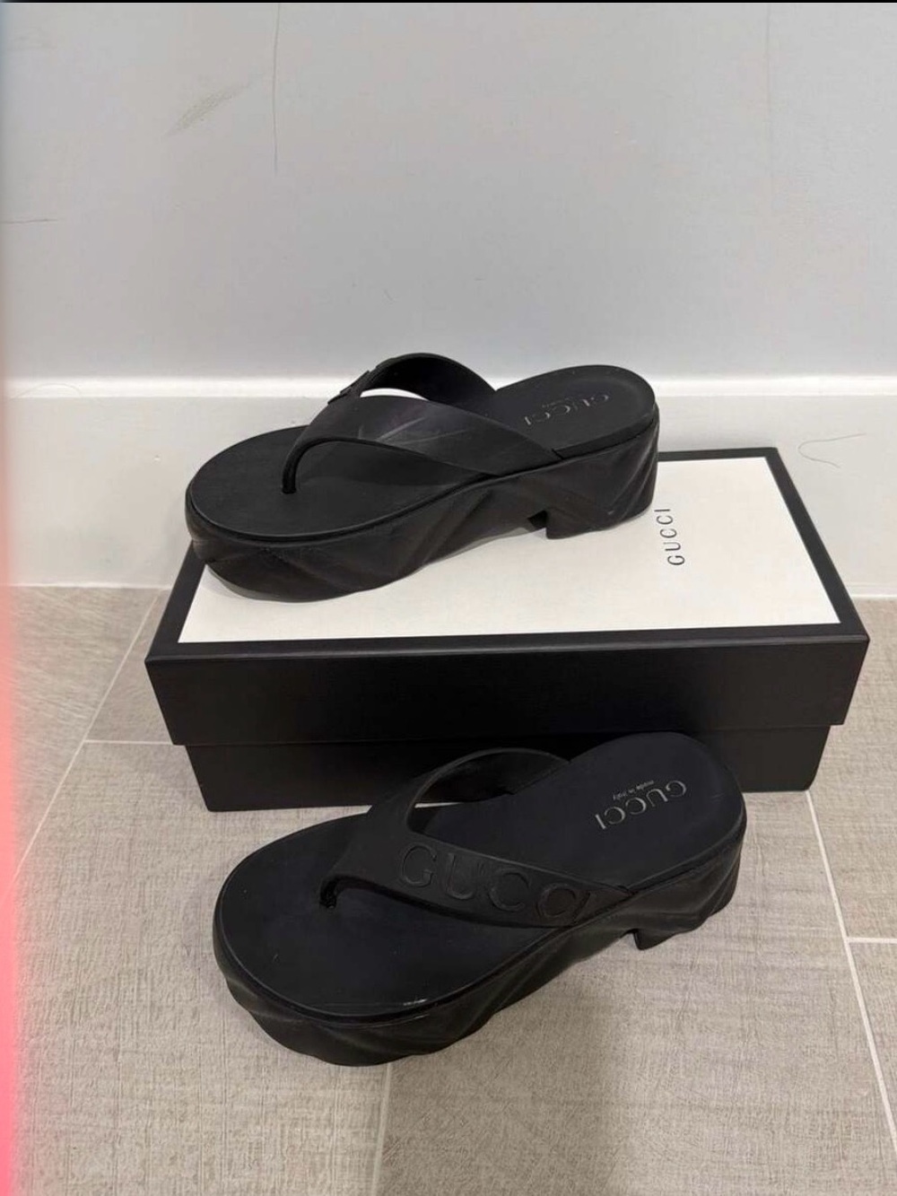 Gucci Women's Logo Rubber Thong Platform Sandal in Black